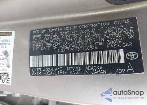 2003 Toyota Camry Xle V6 из США, поврежденный, VIN JTDBF32K730150506